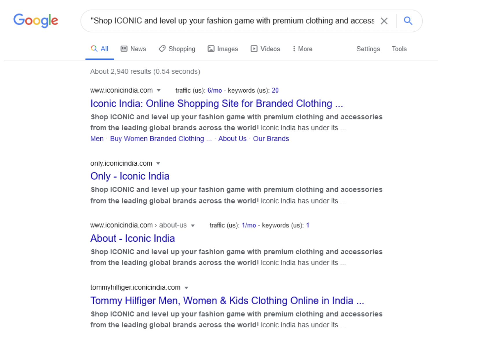 The same meta description repeated across the main site and multiple brand subdomains.