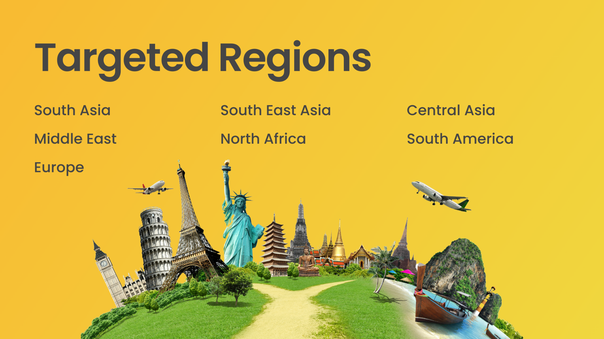 Targeted regions — South Asia, South East Asia, Central Asia, Middle East, North Africa, South America and Europe.