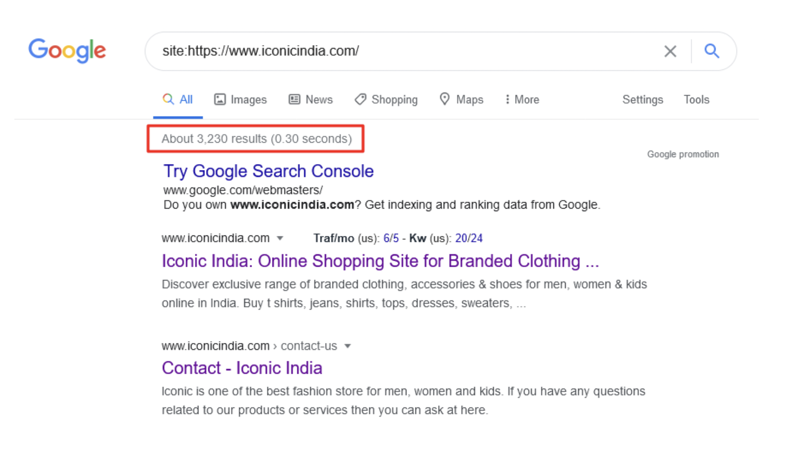 Before: only ~3,230 indexed results surfaced for the domain.