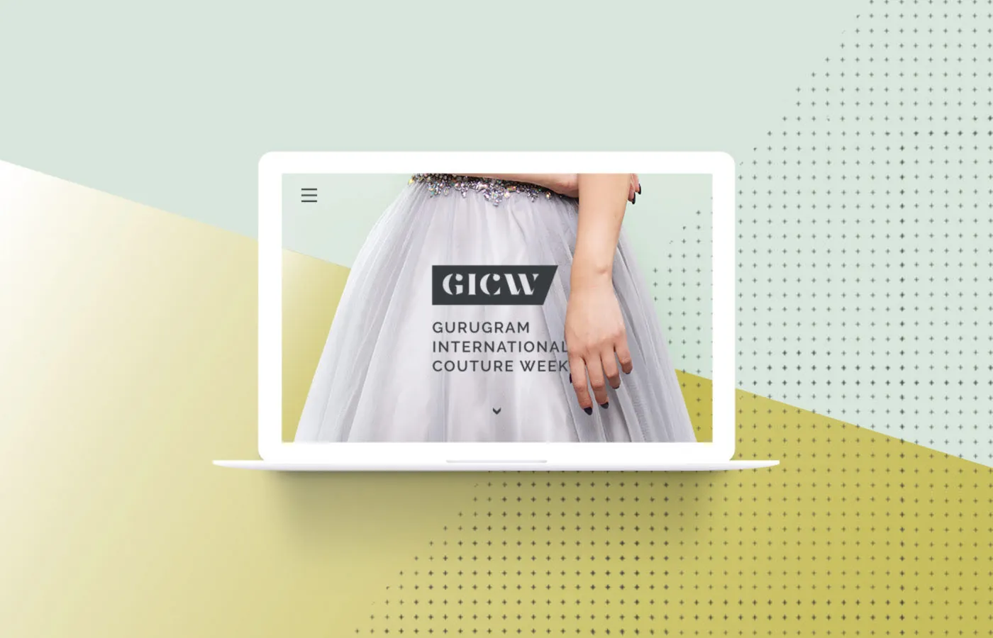 The GICW website — couture imagery framed by the brand's minimalist system.