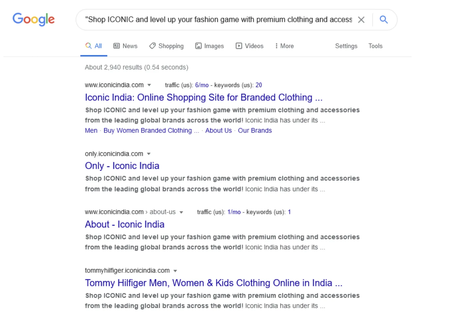 The same meta description repeated across the main site and multiple brand subdomains.