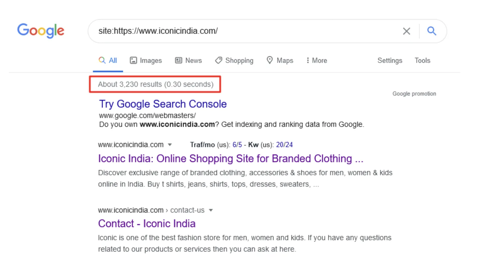 Before: only ~3,230 indexed results surfaced for the domain.